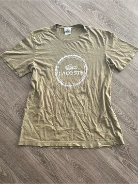 Lacoste Mens T Shirt Size 5 Beige Crew Neck Graphic Logo Cotton